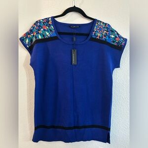 NWT Cable & Gauge Blue Sleeveless Knit Top Shoulder Pattern Women’s Size M